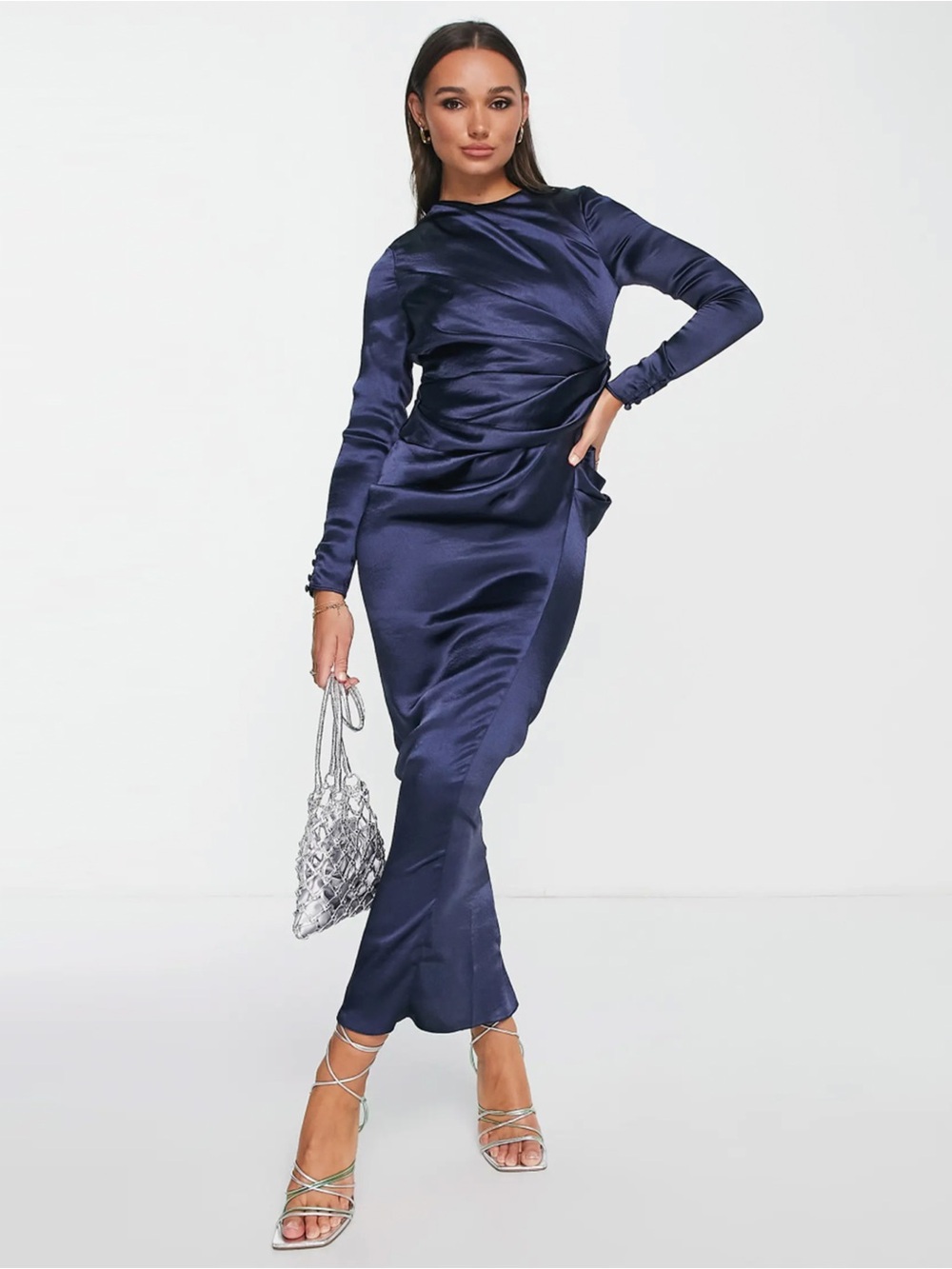 NWT - ASOS - Drape Long Sleeve Satin Gown - Navy